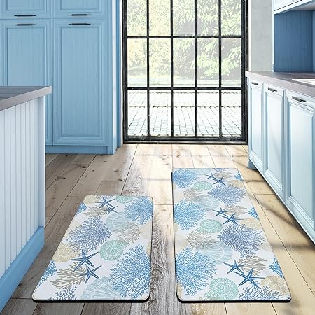 Set of 2 Anti Fatigue Memory Foam Cushioned Waterproof Non Slip Comfort Standing Mat for Sink Laundry, Blue, 17.3"x 28"+17.3"x 47"