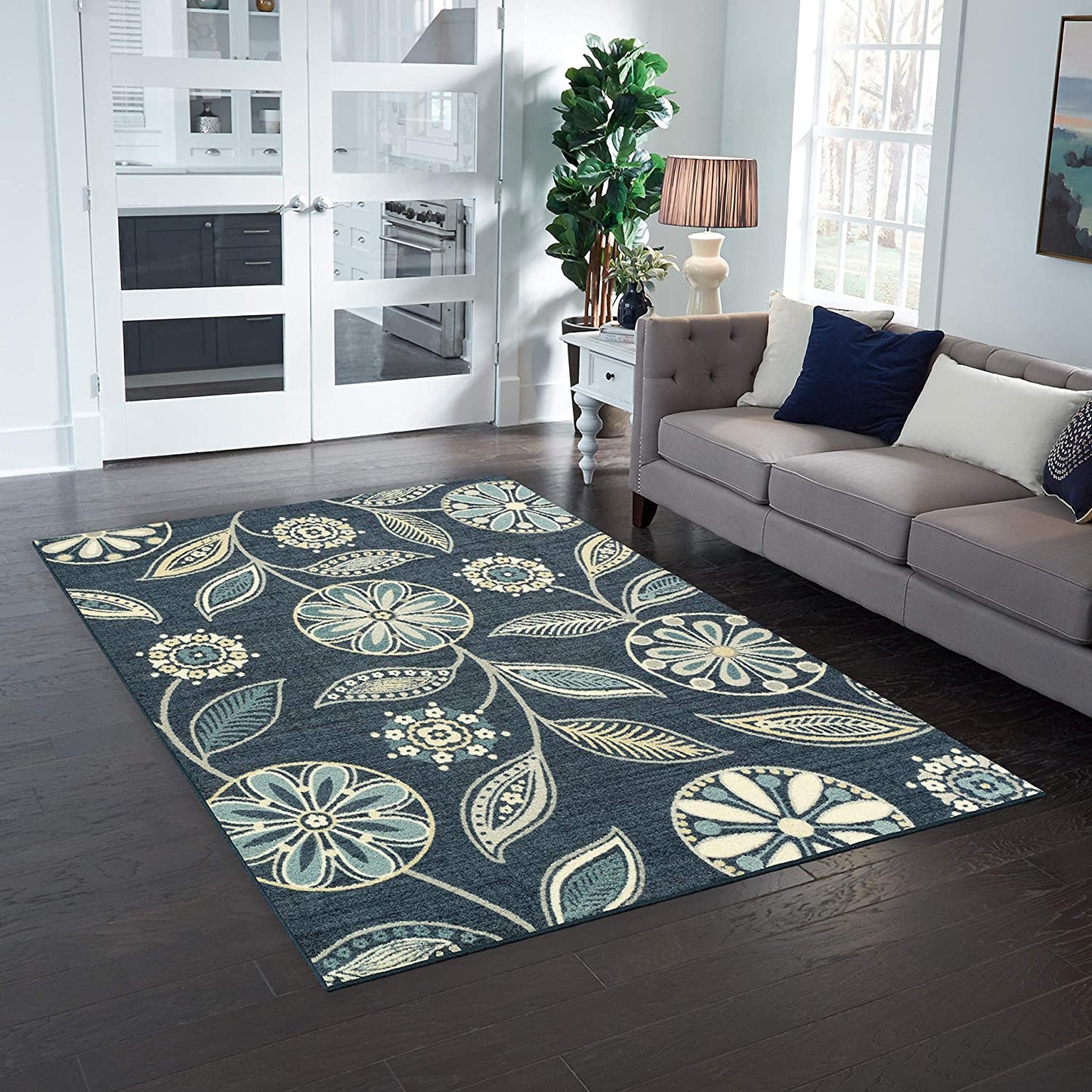 Maples Floral Non Skid Washable Persian Blue Area Rug