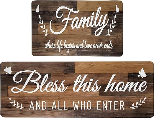 Anti Fatigue Brown Rustic Wood Letter Waterproof Non-Skid Floor Mats Decor 17.3 x 28 +17.3 x 47 Inches Set of 2