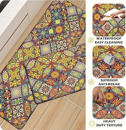 Set 2 Pieces,0.4 Inches Thick Non Slip Kitchen Rugs and Mats Teal Wood Cushioned Anti Fatigue Floor Mat Waterproof Comfort Standing Runner Sink Rug,17.3 x 28+17.3 x 47 Inch