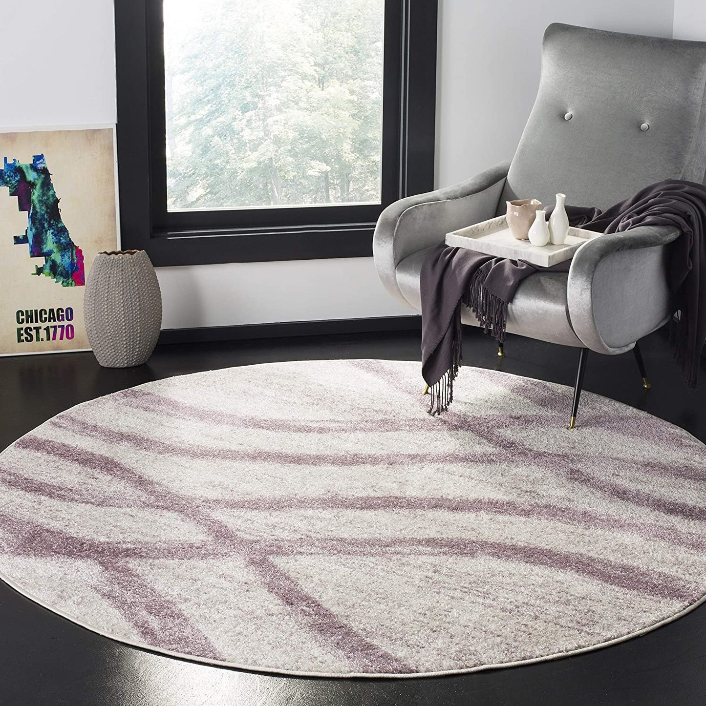 Modern Wave Distressed Soft Area Rug. Cream / Purple
