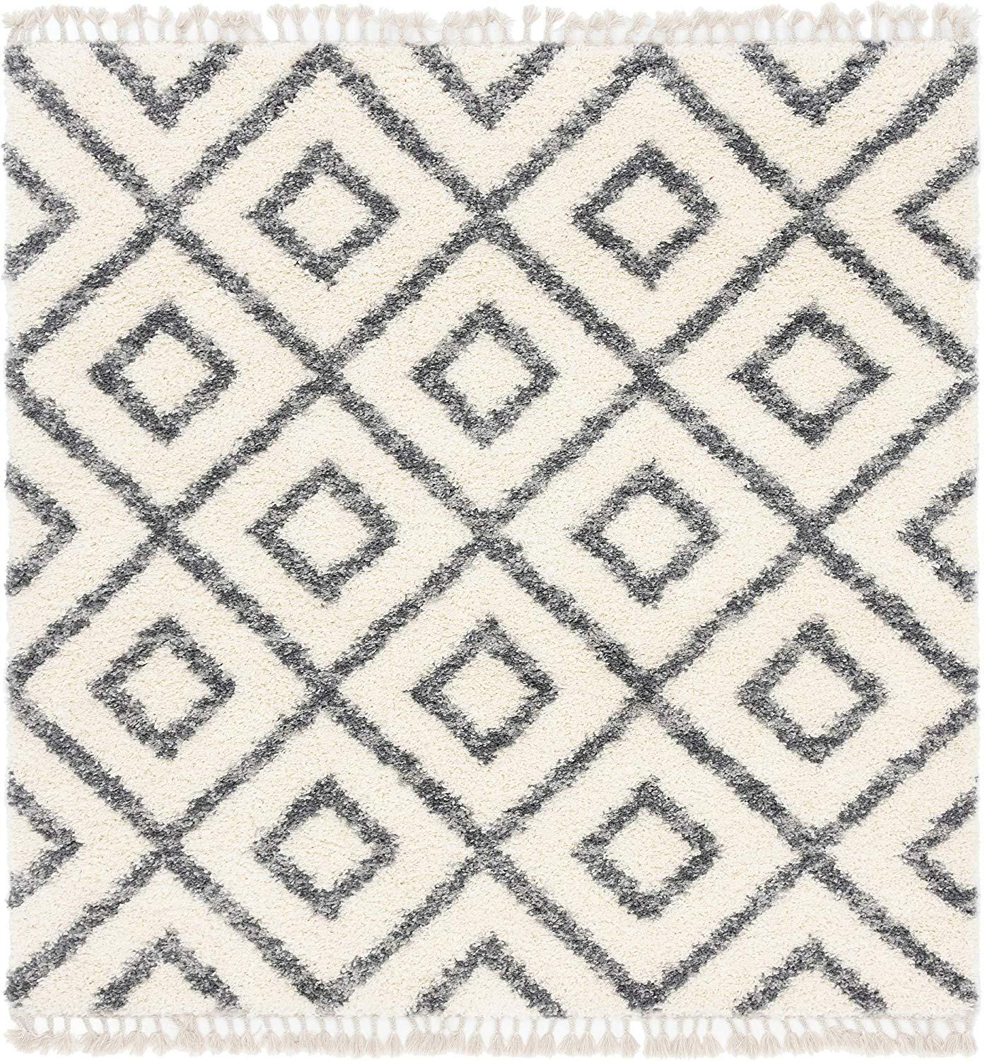 Lattice Tassel Ivory Gray Plush Shag Area Rugs