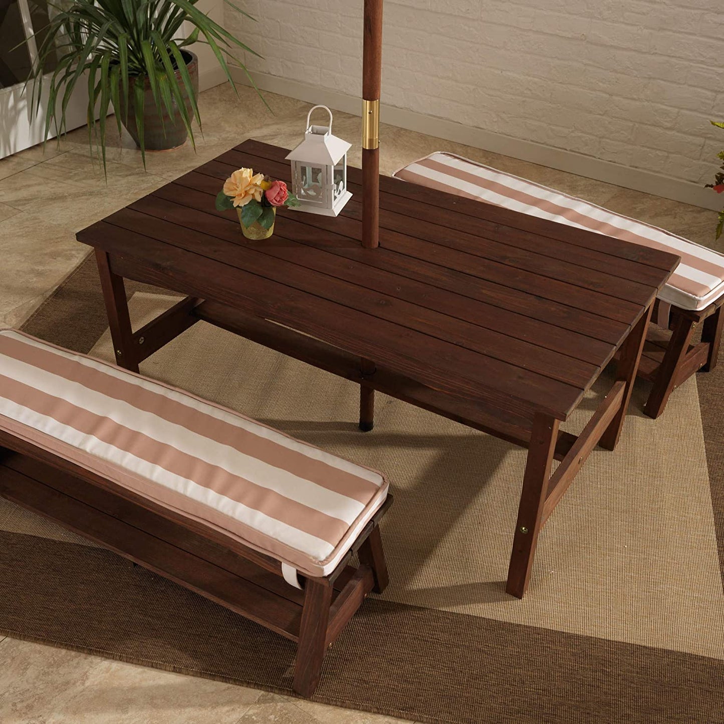 Outdoor Table and Bench Set with Cushions and Umbrella, Kids Backyard Furniture, Espresso with Oatmeal and White