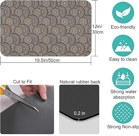 Accessories for Countertop Pioneer Flower Absorbent Hide Stain Rubber Backed Dish Drying Mats, (20x12in)