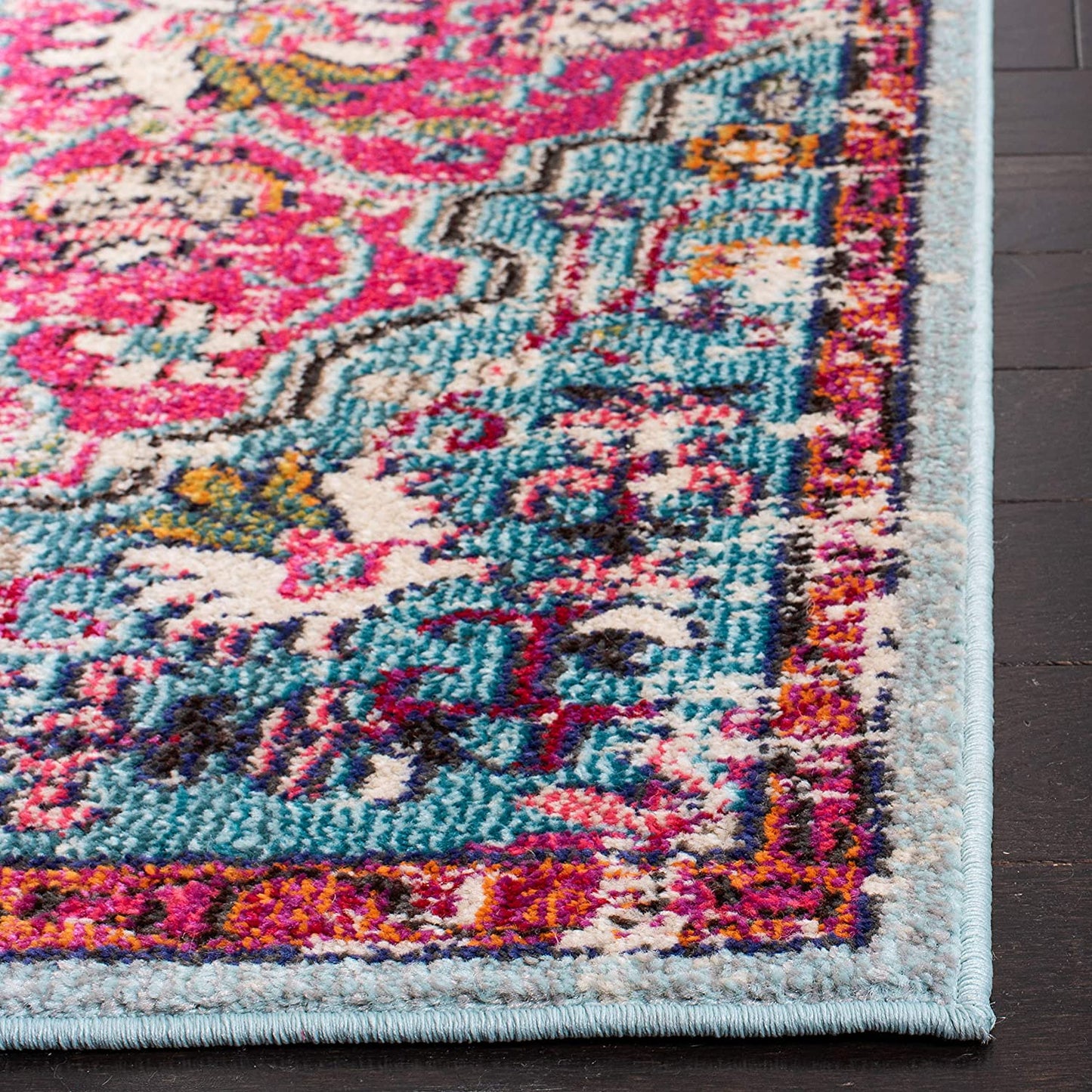 Boho Chic Vintage Medallion Distressed Runner,  Fuchsia/Teal
