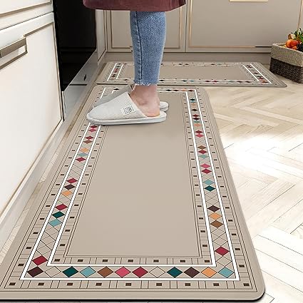 Set 2 Pieces,0.4 Inches Thick Non Slip Kitchen Rugs and Mats Teal Wood Cushioned Anti Fatigue Floor Mat Waterproof Comfort Standing Runner Sink Rug,17.3 x 28+17.3 x 47 Inch