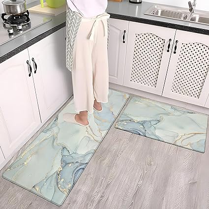 Anti Fatigue Coastal Rugs Beach Theme Fish Pattern Waterproof Non-Slip Ergonomic Comfort Standing Mat for Sink Laundry Bedroom,17.3 x28+17.3 x 47 Inch, PVC, Blue