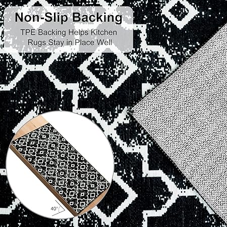 Set of 2, Geometric Washable Non Slip Waterproof Moroccan Black Rug for Kitchen Floor, 20x30+20x47