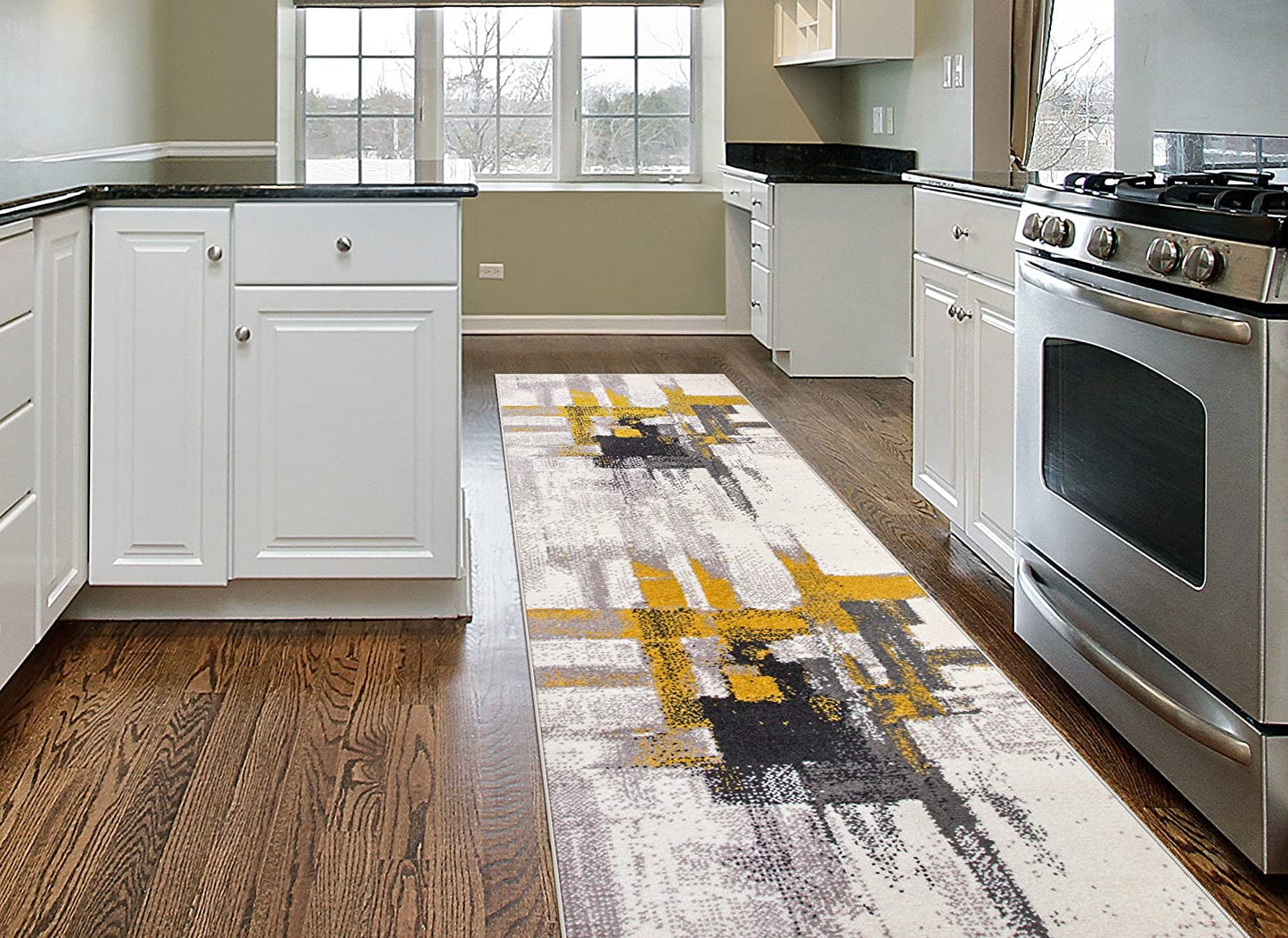 Abstract Gold Gray Ivory Area Rug