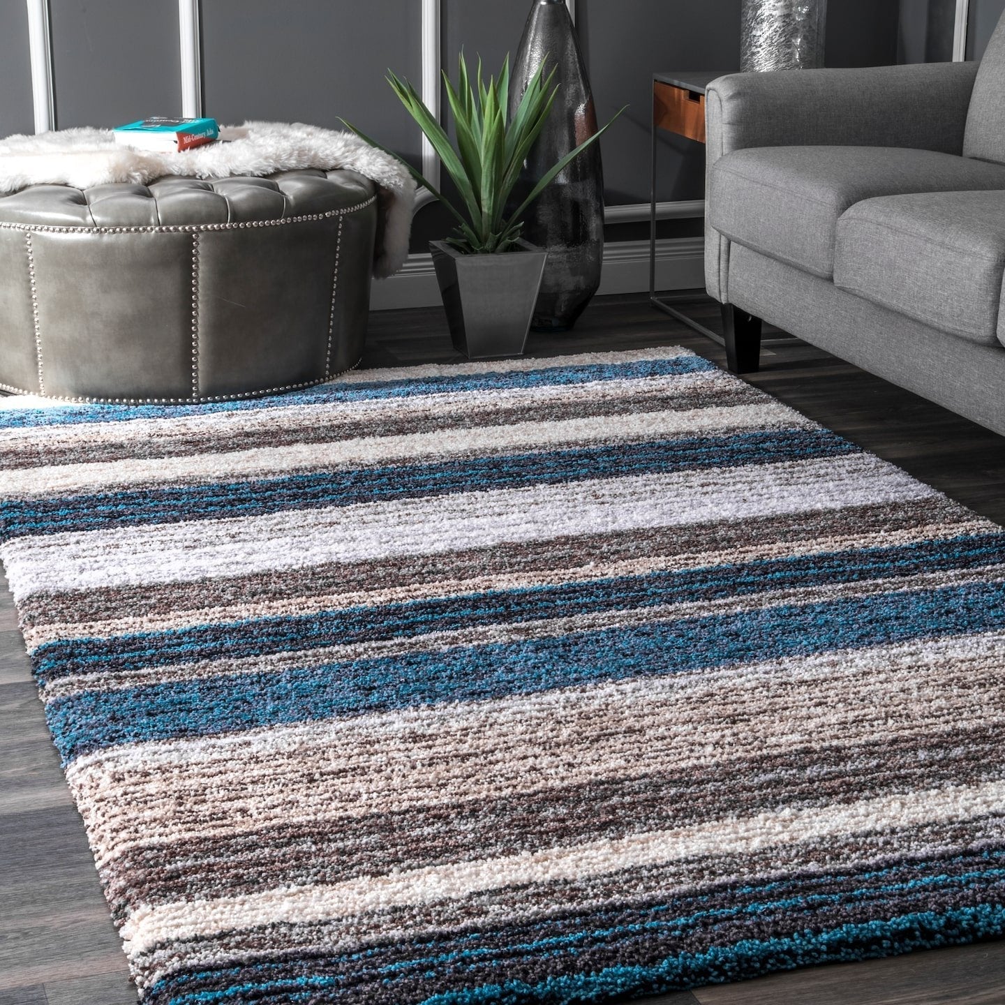 Premium Handmade Striped Blue Gray Plush Shag Area Rugs