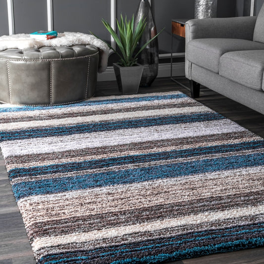Premium Handmade Striped Blue Gray Plush Shag Area Rugs
