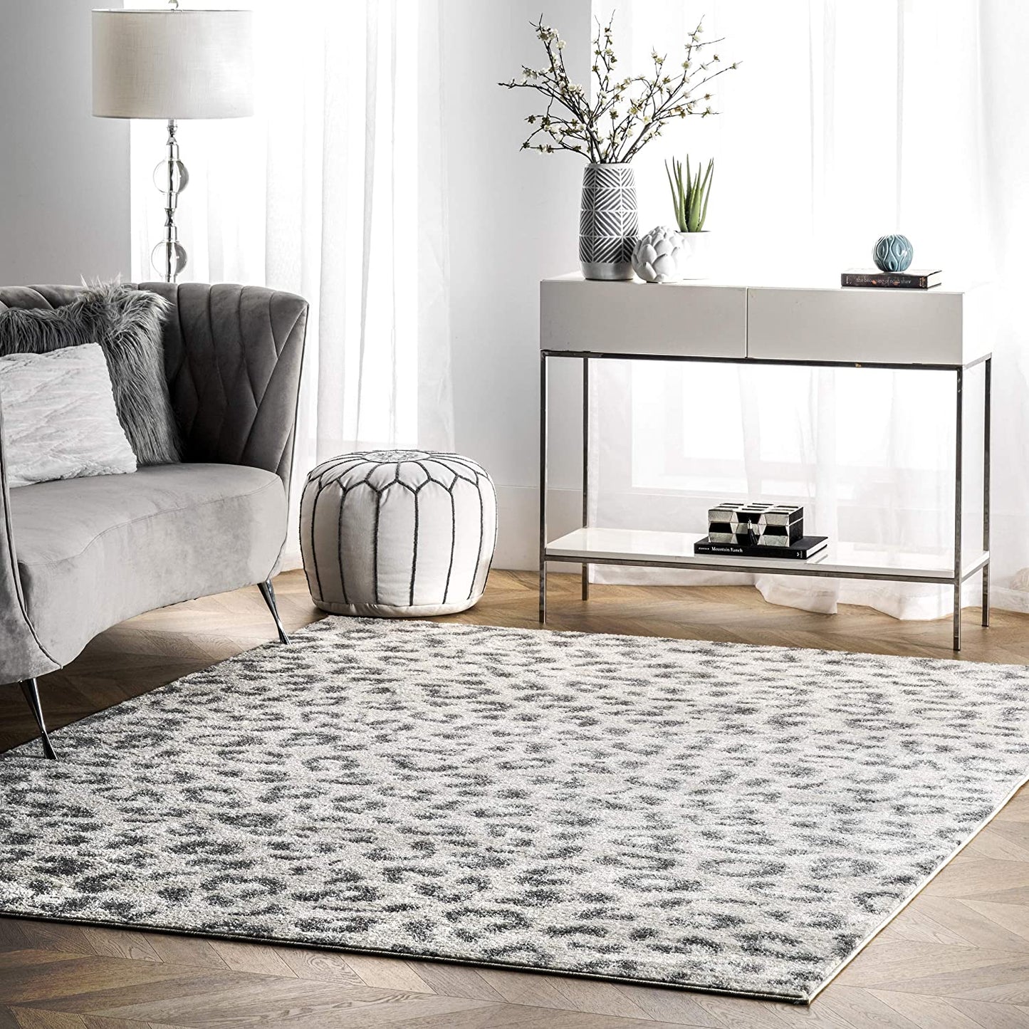 Leopard Print Soft Rug, Grey