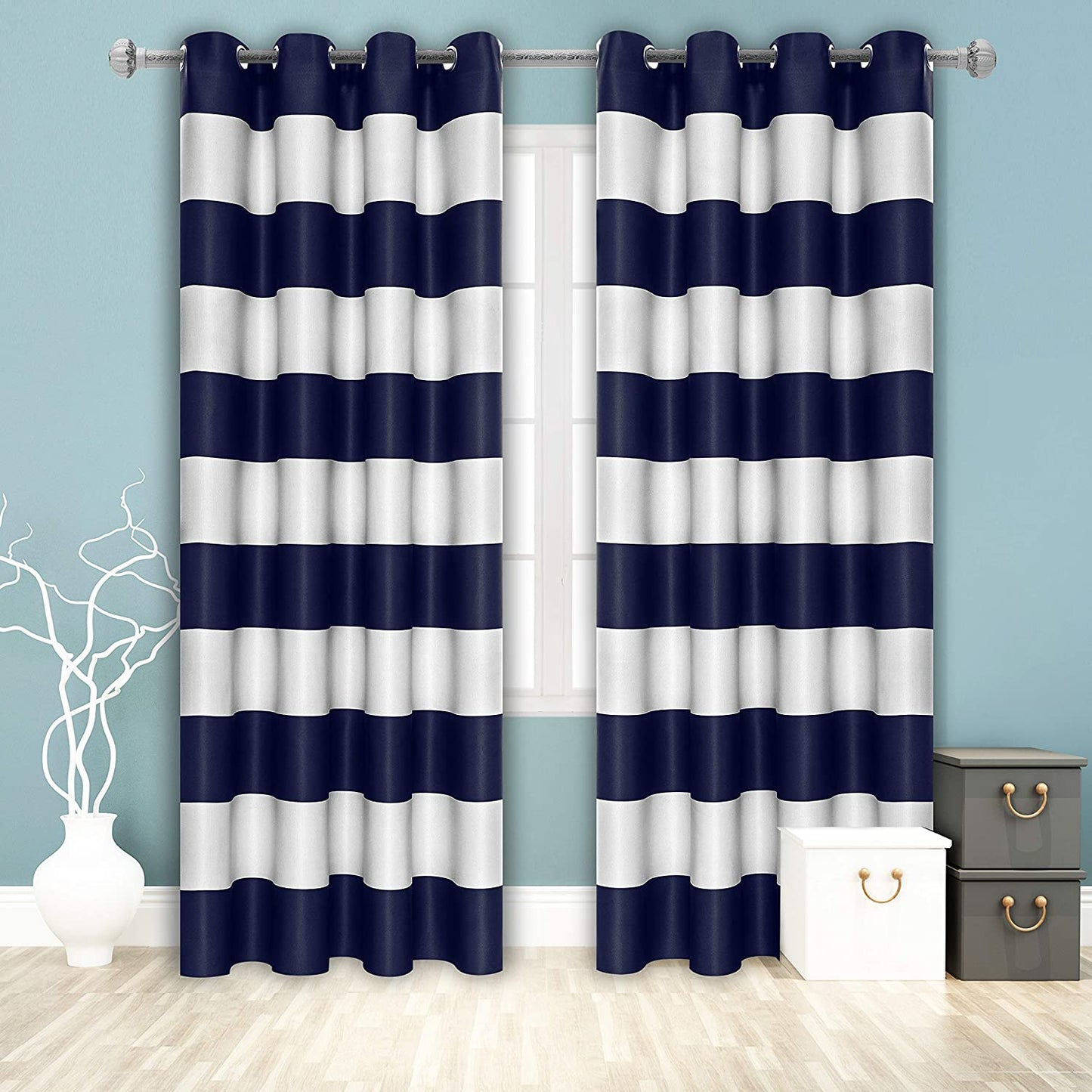 Stripe Window Curtains for Bedroom - Grommet Room Darkening Curtain, Thermal Insulated, Noise Reducing and Light Blocking Drapes 2 Panels