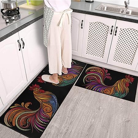 Rooster Colorful Chicken Non-Slip Washable Microfiber Kitchen Carpet 17x47+17x30 Inches
