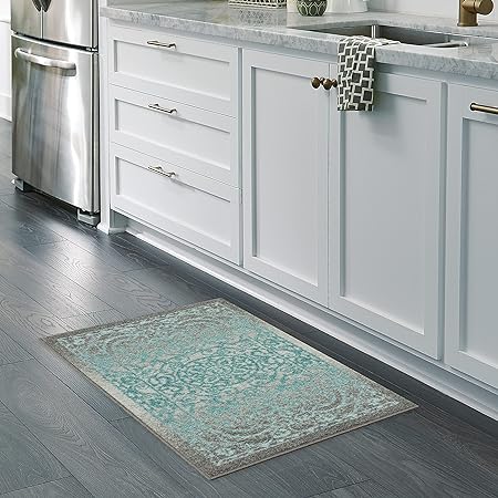 Pelham 2-Piece Non Slip Machine Washable Traditional Vintage Throw and Runner Floor Carpet, 17"x24" + 17"x48", Blue/Grey