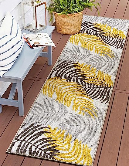 Minorca Floral Leaves Non-Shedding Outdoor Rugs - 2' x 7' Multi