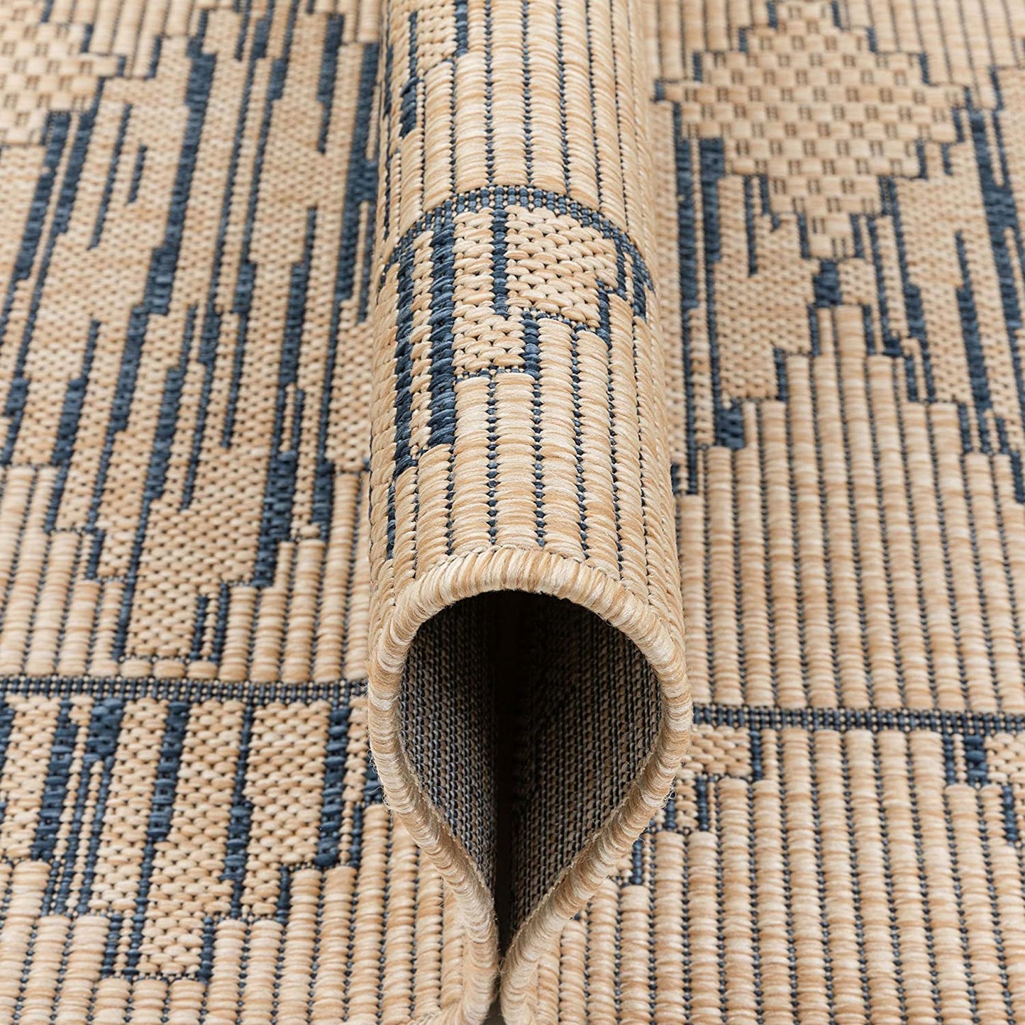 Beige Blue Indoor/Outdoor Flat Weave Pile Nordic Diamond Pattern Area Rug