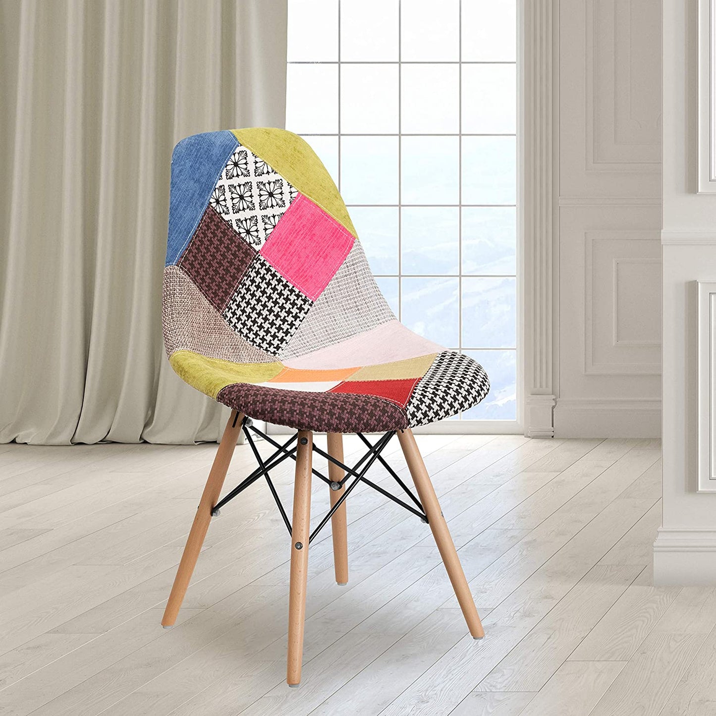 Furniture Elon Series Milan Patchwork Fabric Chair with Wooden Legs