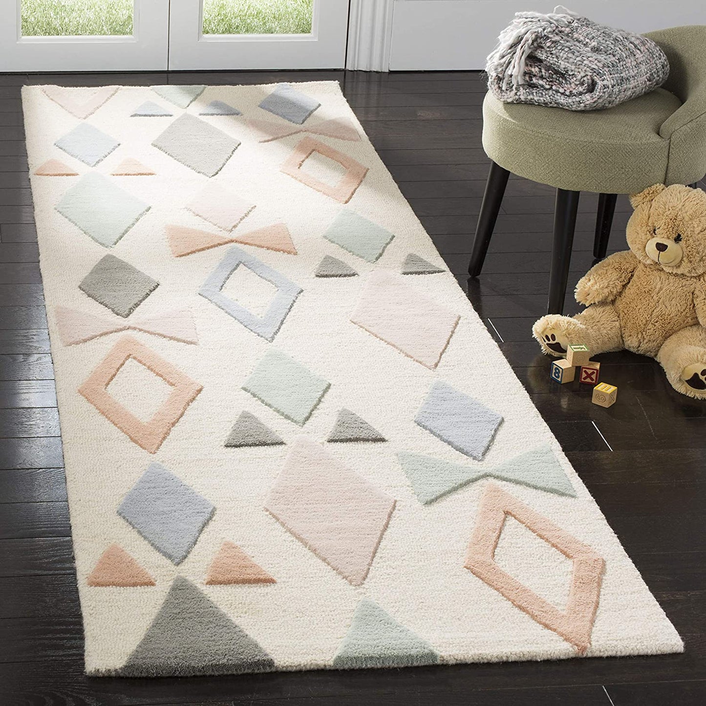 Kids Collection Handmade Geometric Wool Area Rug Ivory / Multi