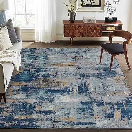 Non-Shed - Eco-Friendly, Machine Washable Rug - Stain Resistant, Made from Premium Recycled Fibers - Abstract Contemporary - Blue, 2'6" x 6'
