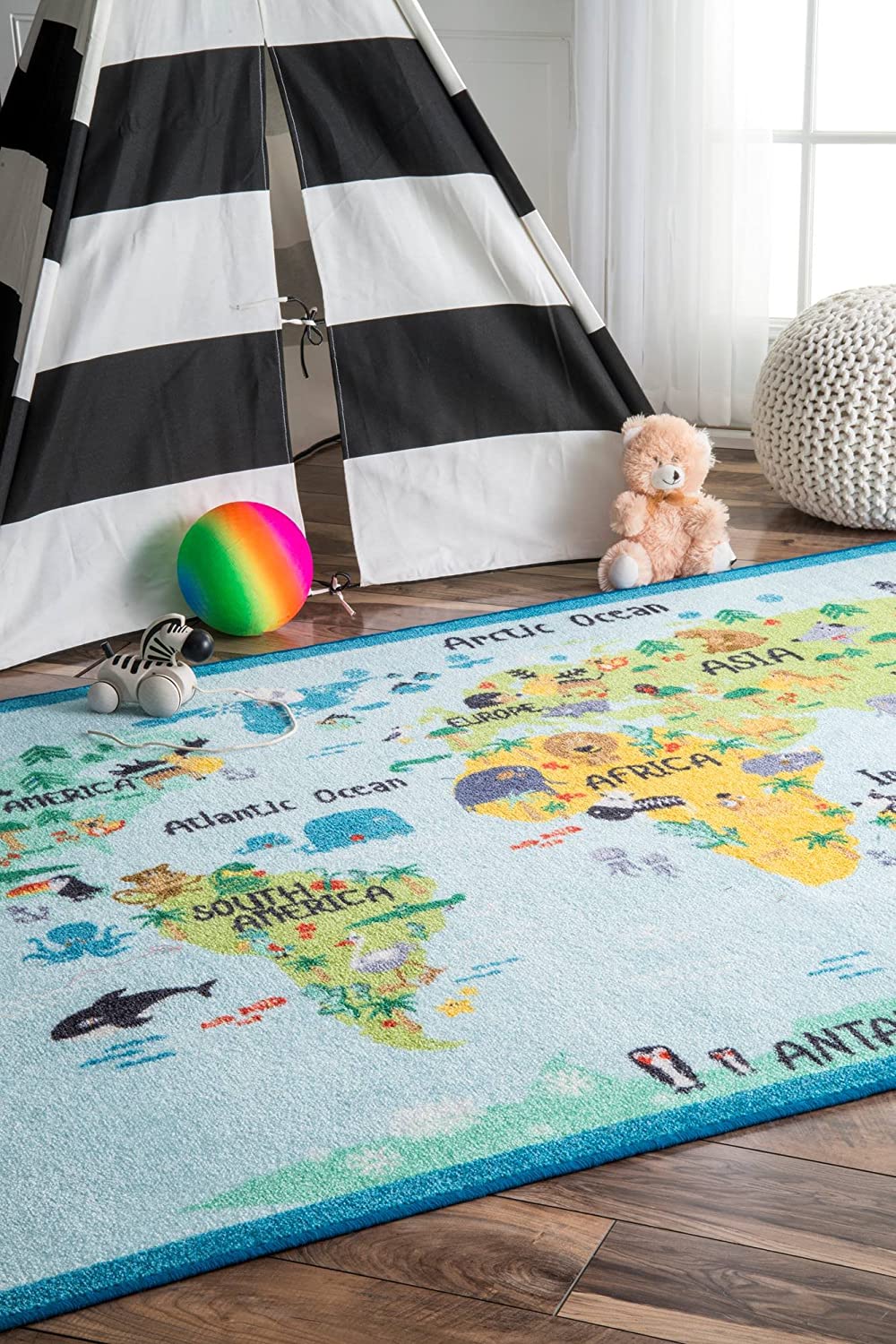 Animal World Map Kids Area Rug Baby Blue