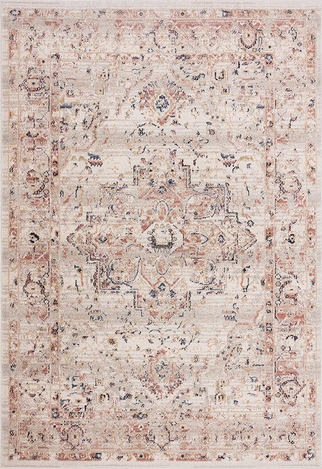 Traditional Cream & Beige Vintage Oriental Medallion Distressed Rug