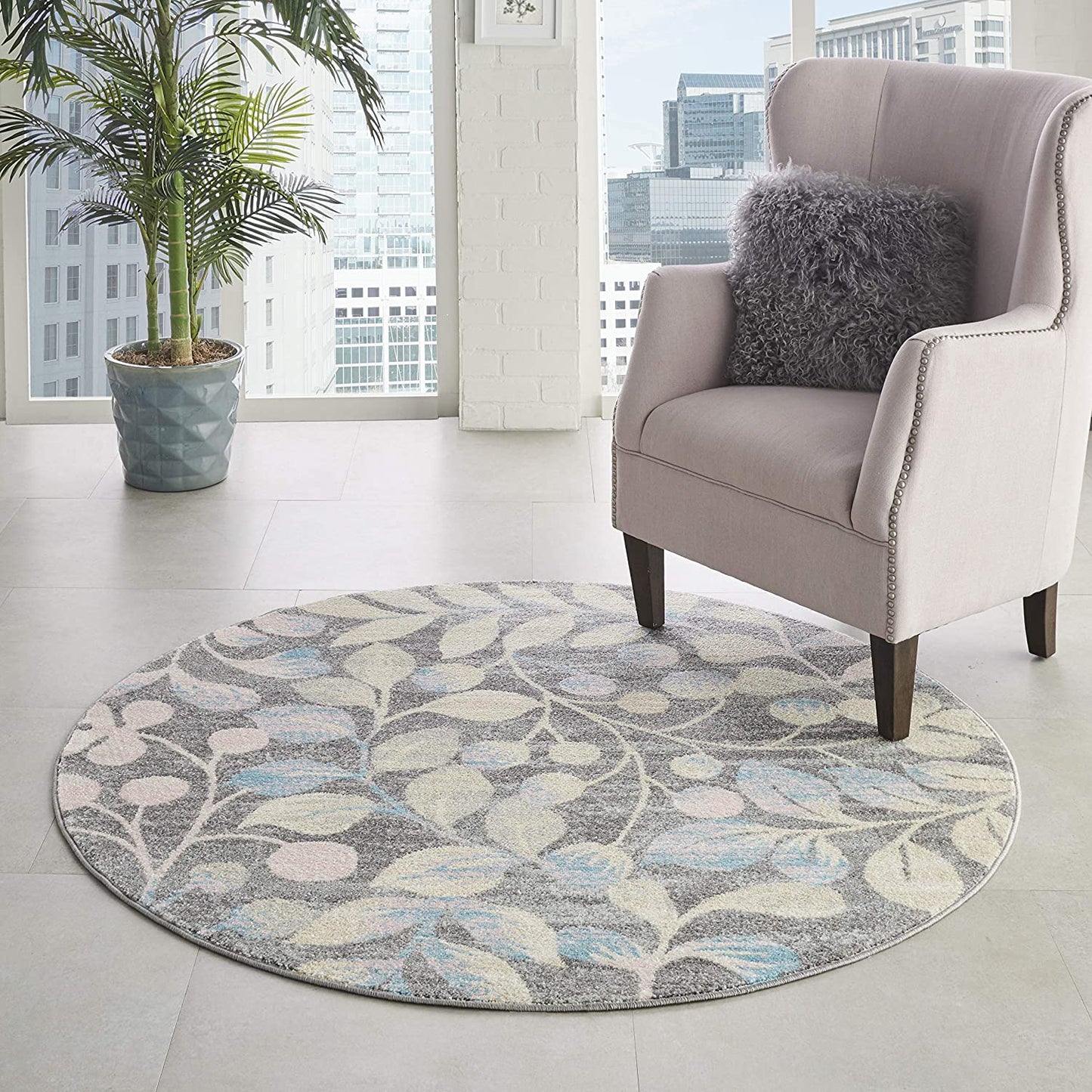 Tranquil Contemporary Botanical Grey/Beige Soft Area Rug