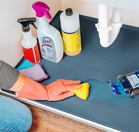 Under Sink Waterproof Silicone Cabinet  Mat [34" x 22"] Grey,