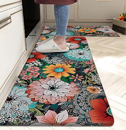 Anti Fatigue Coastal Rugs Beach Theme Fish Pattern Waterproof Non-Slip Ergonomic Comfort Standing Mat for Sink Laundry Bedroom,17.3 x28+17.3 x 47 Inch, PVC, Blue