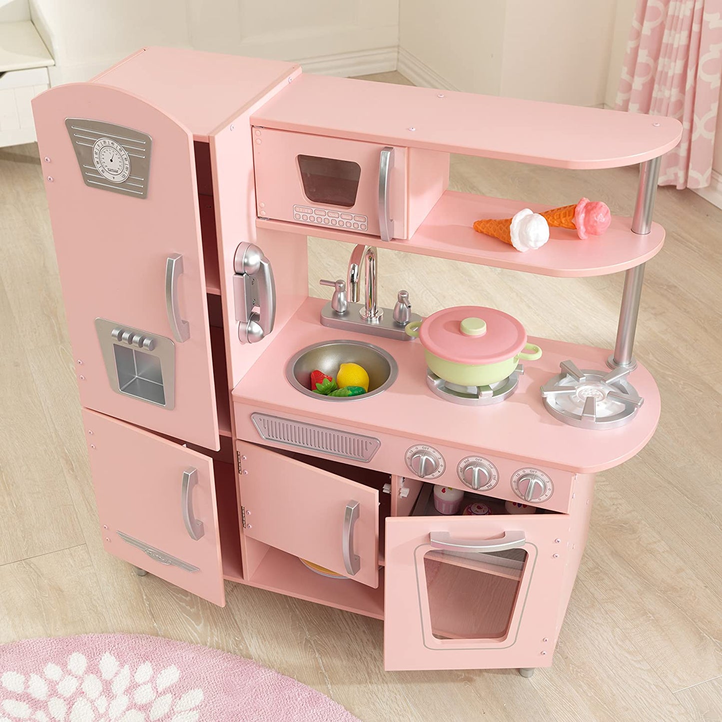 Vintage Wooden Play Kitchen with Pretend Ice Maker and Play Phone, Pink,