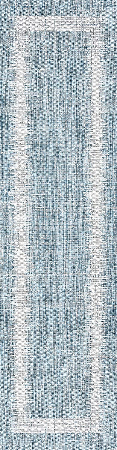 Scandi Minimalist Indoor/Outdoor Border Aqua/Ivory Soft Area Rug