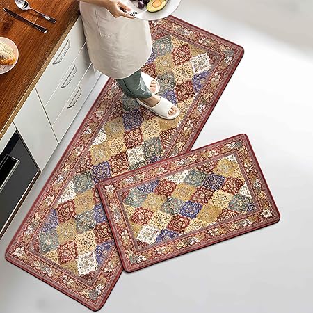 Set of 2 Brown French Country Anti Fatigue Non-Slip Waterproof Comfort Kitchen Mats