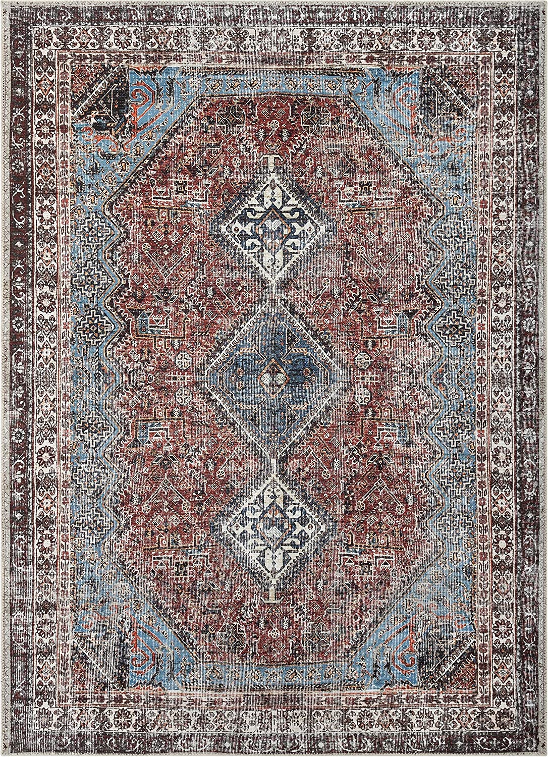 Menda Red Machine Washable Vintage Distressed Persian Soft Area Rug