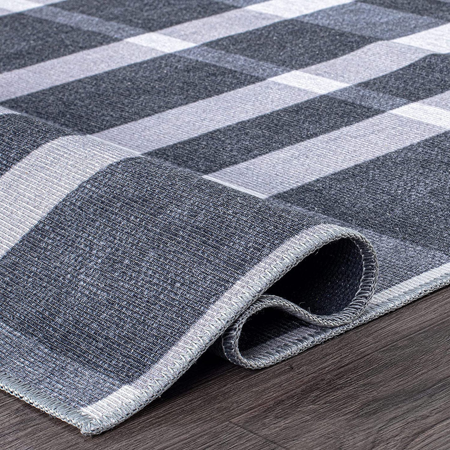 Modern Plaid Stain Resistant Flat Weave Eco Friendly Premium Recycled Machine Washable Area Rug 3'3"x5' Black