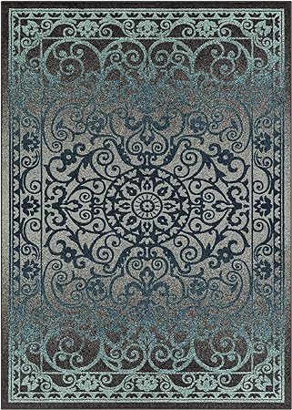 Pelham 2-Piece Non Slip Machine Washable Traditional Vintage Throw and Runner Floor Carpet, 17"x24" + 17"x48", Blue/Grey
