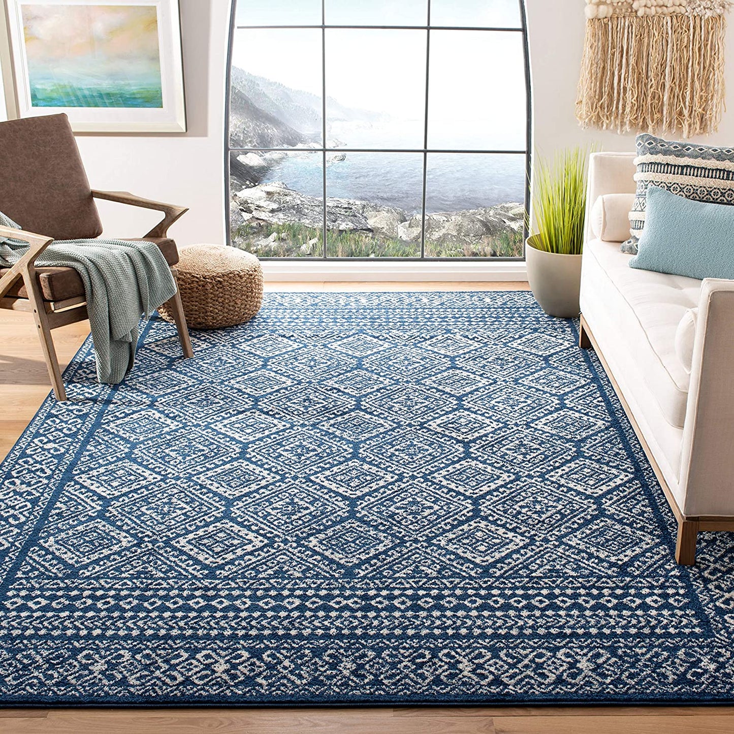 Moroccan Boho Distressed Area Rug Navy / Ivory