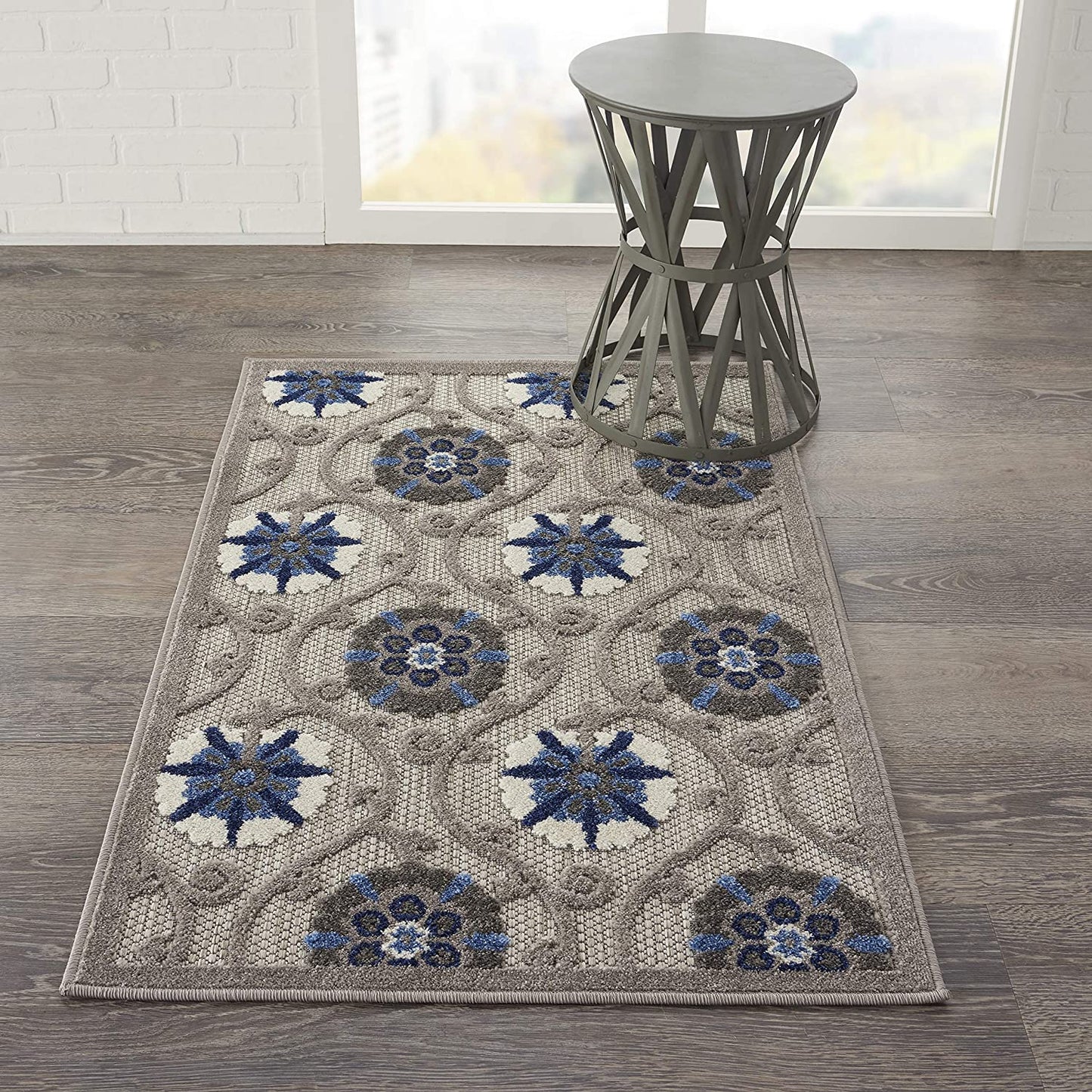 Aloha Indoor Outdoor Floral Grey Blue Soft Area Rug