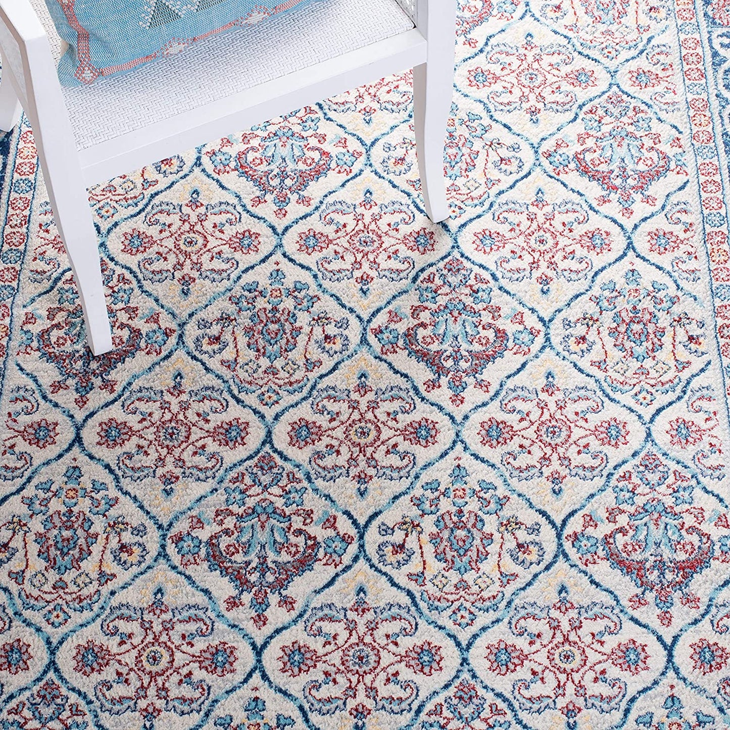 Oriental Damask Trellis Soft Area Rug, Beige / Navy