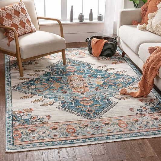Estin Multi Blue Ivory Vintage Distressed Boho Soft Area Rug