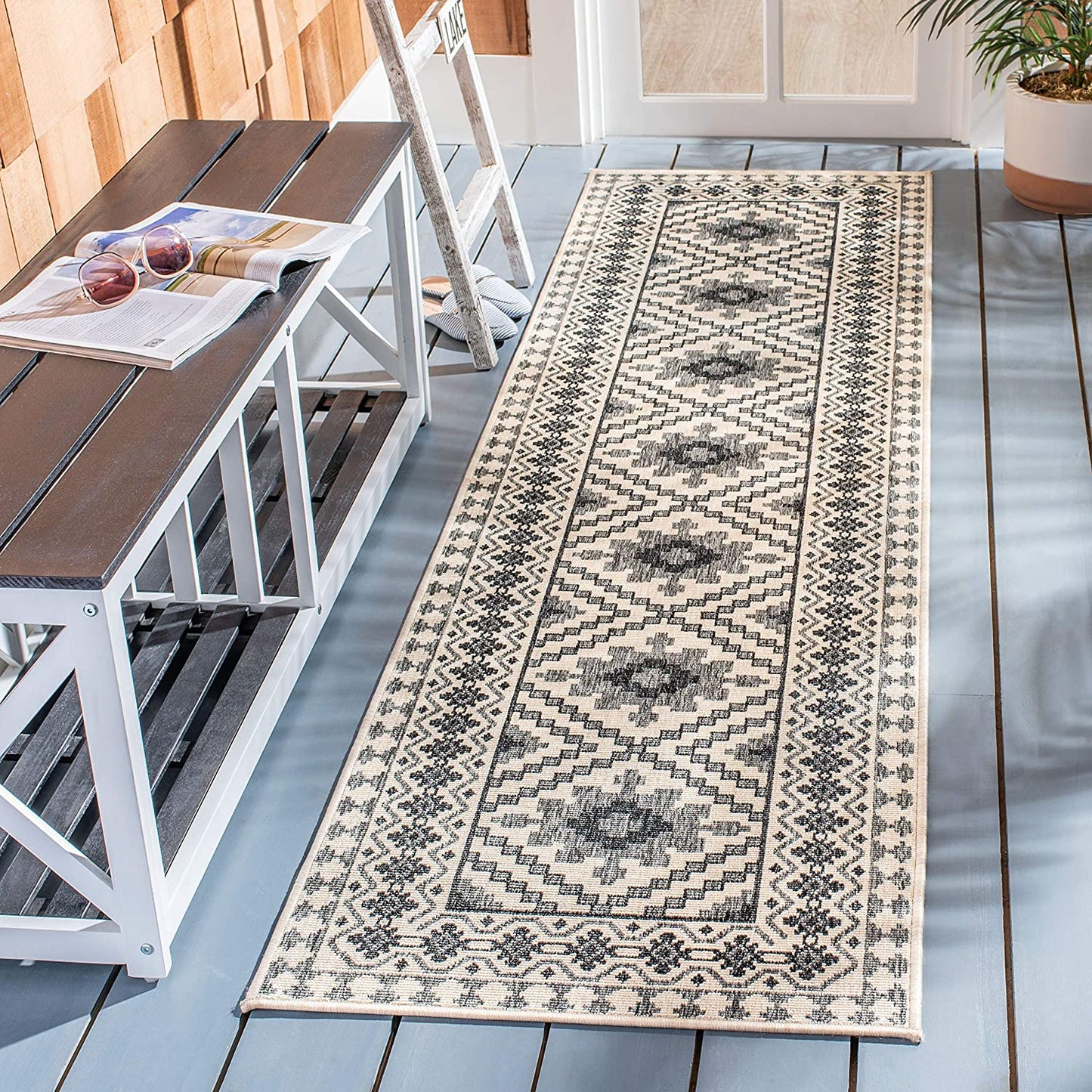 Boho Indoor/ Outdoor Patio Backyard Area Rug, Ivory / Slate