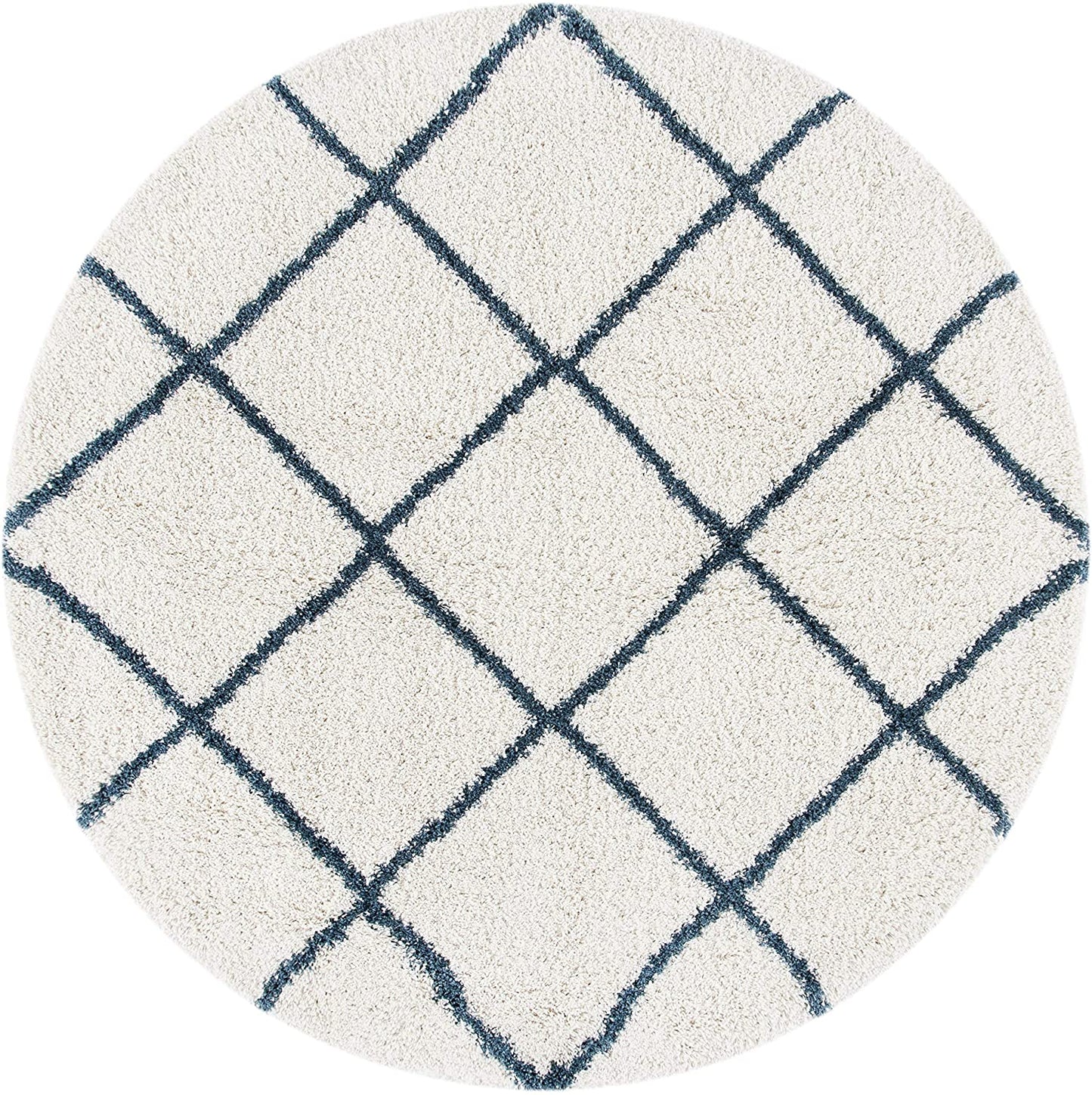 Diamond Trellis Ivory/Slate Blue Soft Plush Shag Area Rug 2-inch Thick
