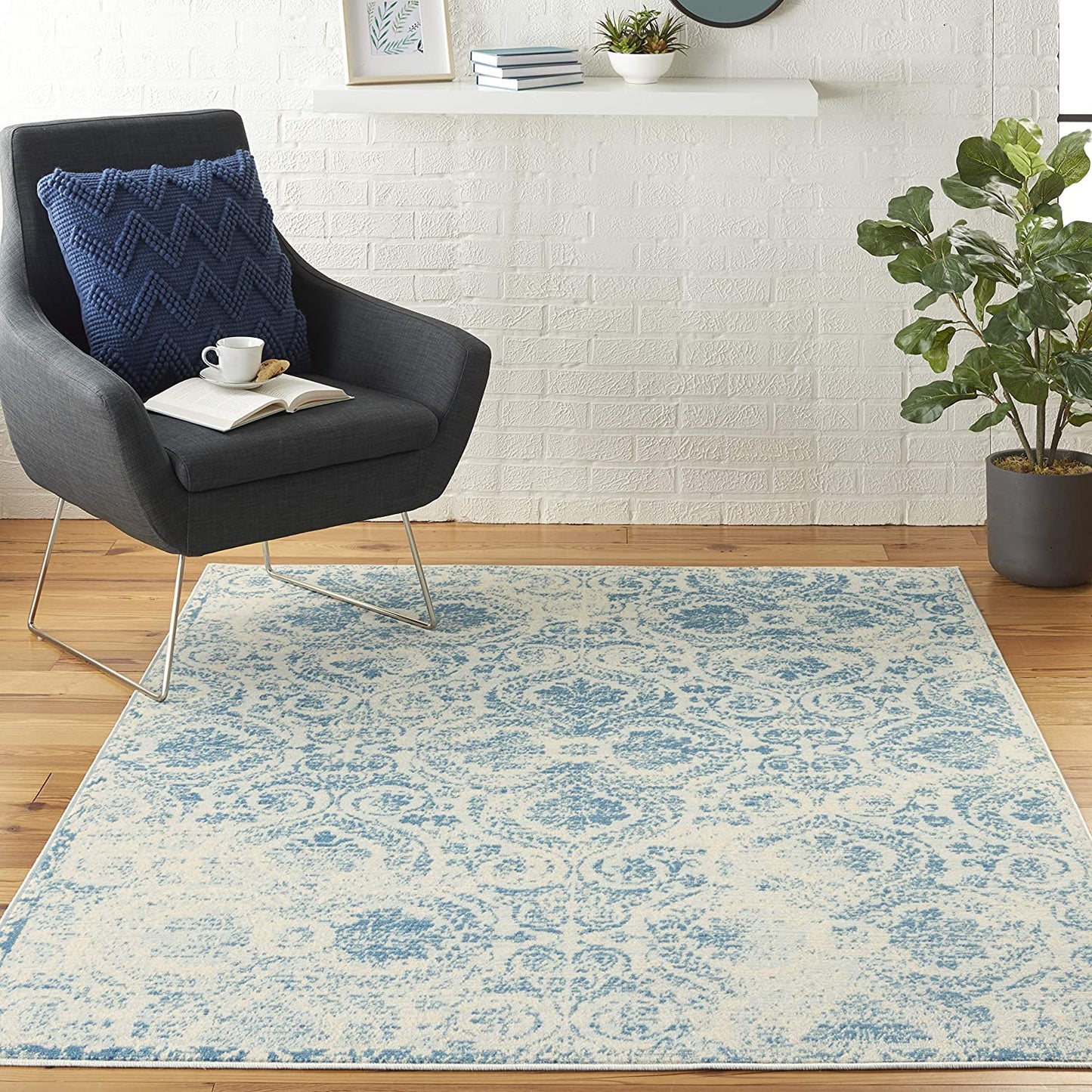 Jubilant Vintage Damask Blue Area Rug