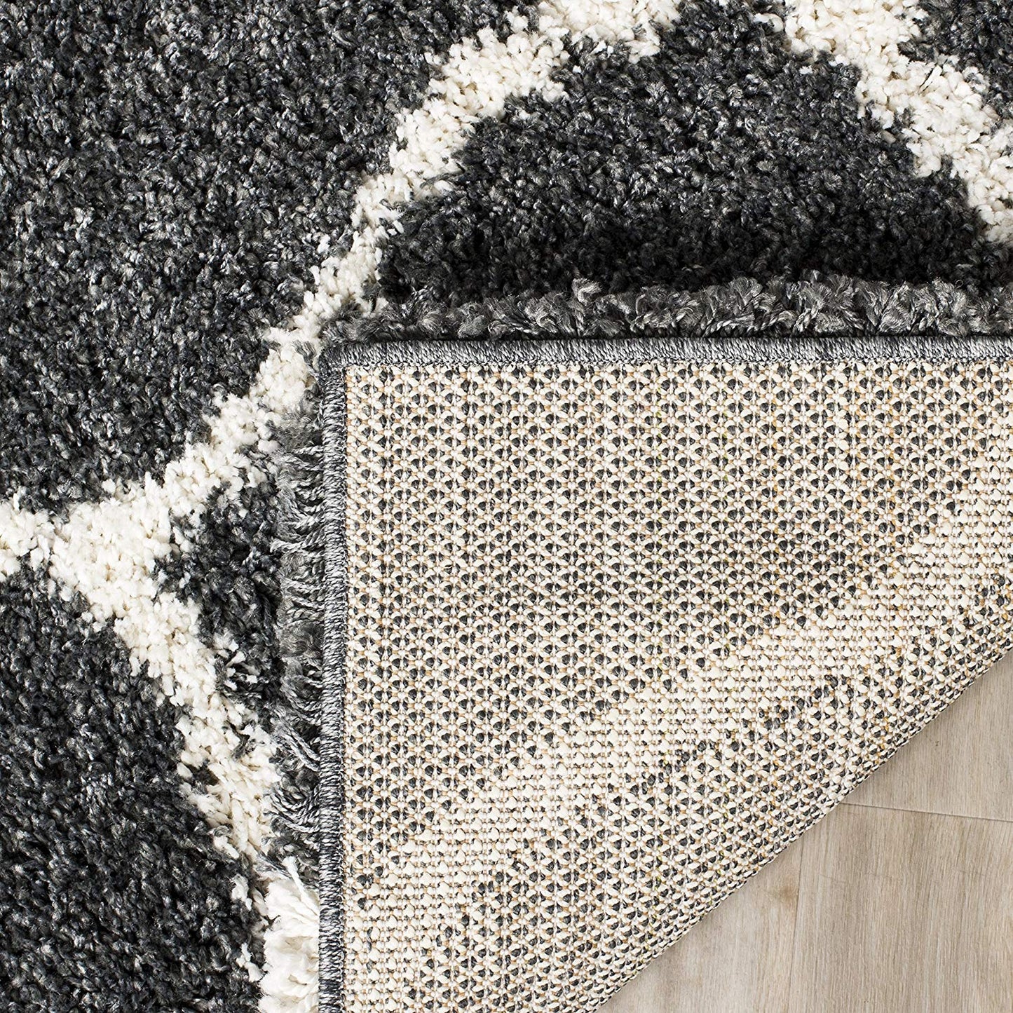 Moroccan Pattern Dark Grey Ivory Plush Shag Area Rug