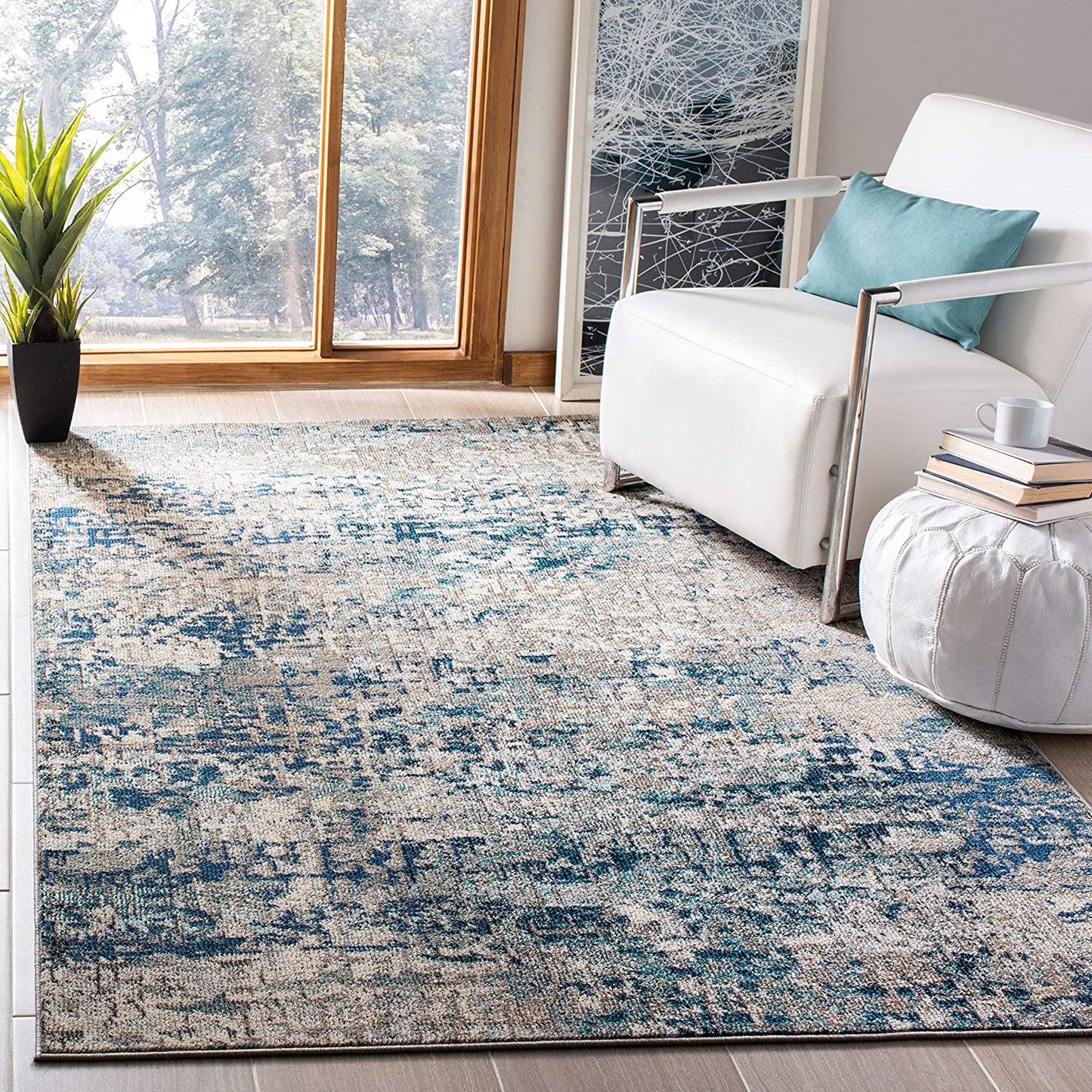 Modern Contemporary Abstract Runner, Grey/Blue