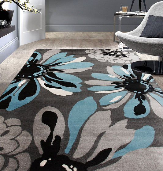 Floral Gray Black Blue Area Rug