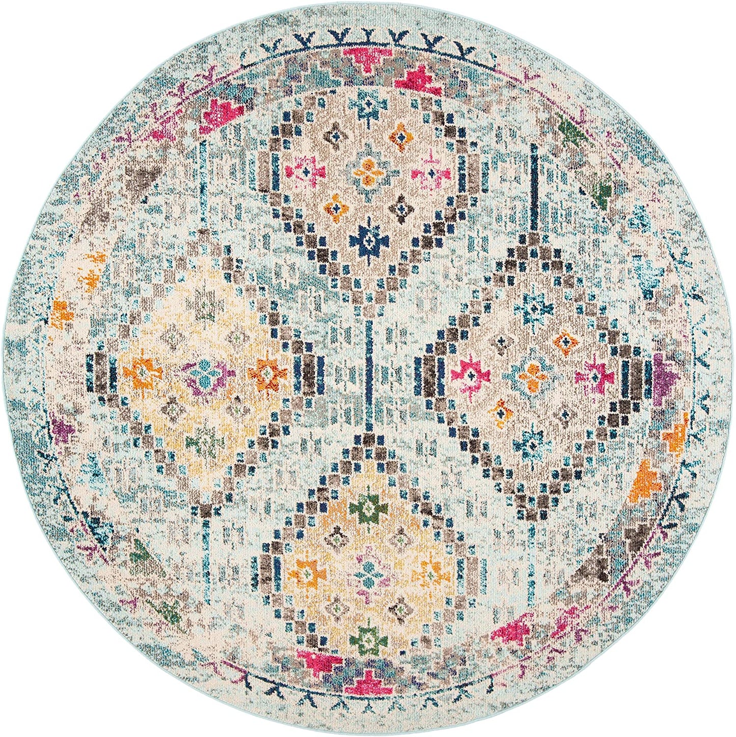 Boho Diamond Distressed Area Rug, Blue/Yellow
