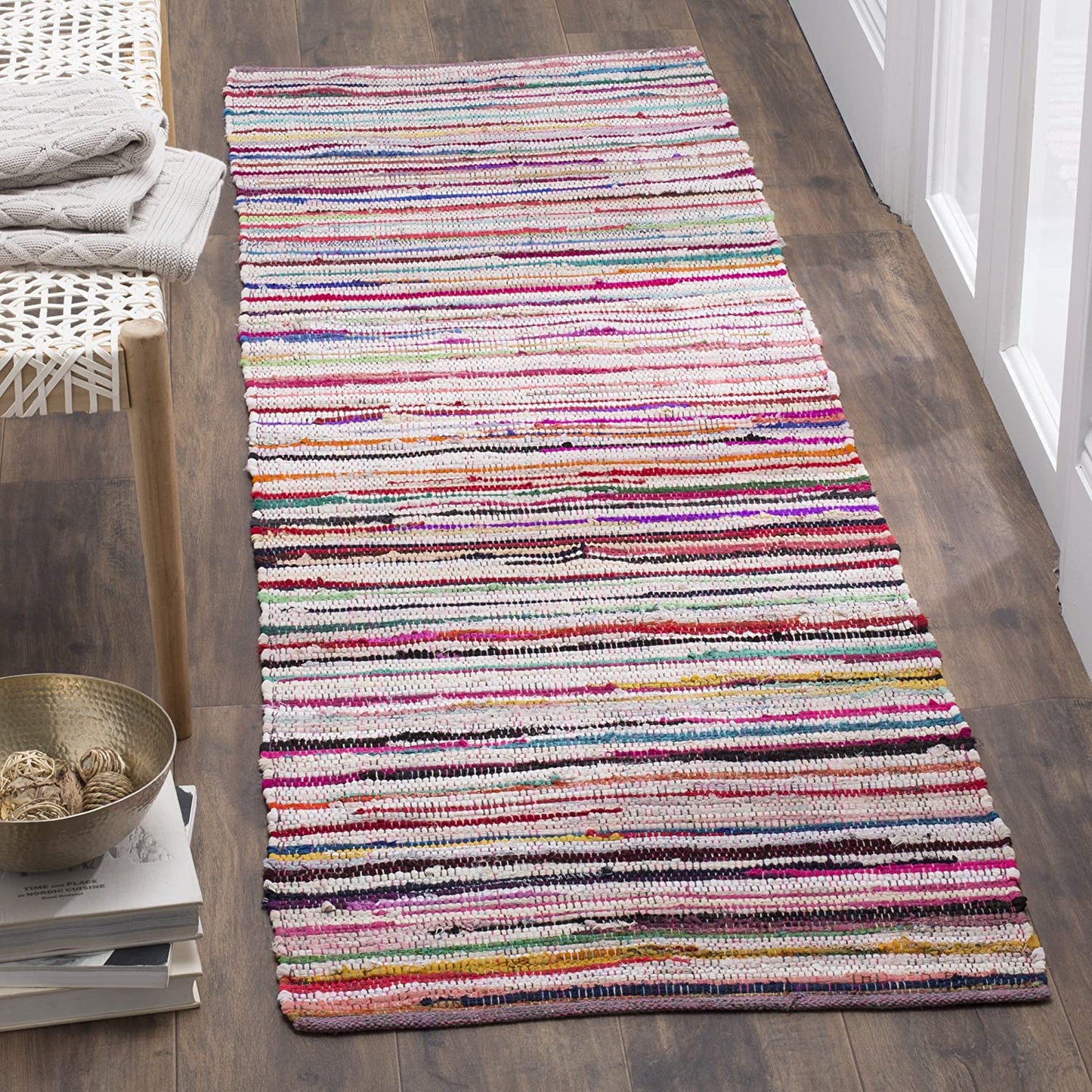 Hand-Woven Ivory and Multi Flatweave Cotton Area Rug