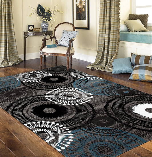 Contemporary Circles Gray/Grey Blue White Black Area Rug