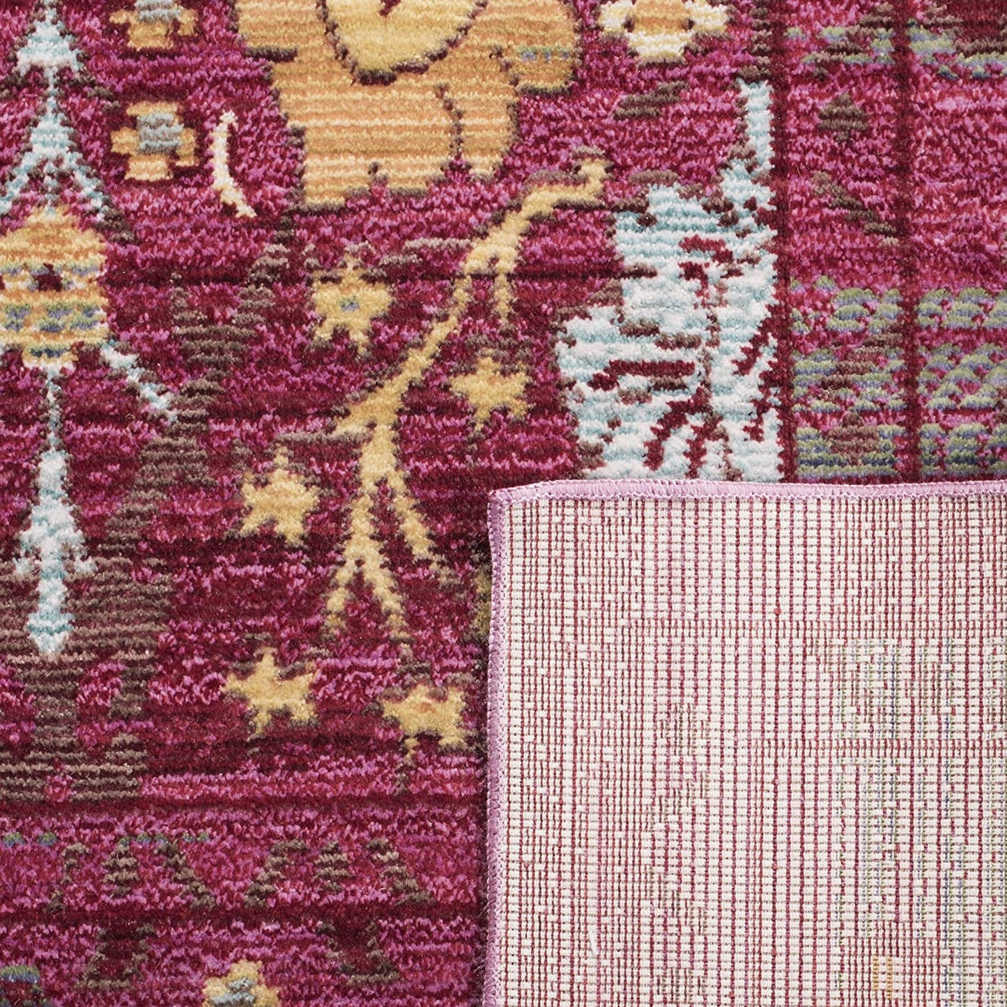 Boho Chic Distressed Area Rug, Fuchsia / Multi