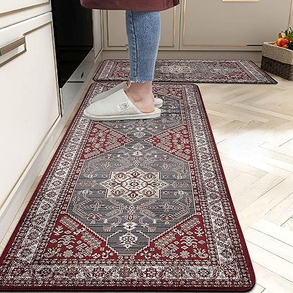 Set 2 Pieces,0.4 Inches Thick Non Slip Kitchen Rugs and Mats Teal Wood Cushioned Anti Fatigue Floor Mat Waterproof Comfort Standing Runner Sink Rug,17.3 x 28+17.3 x 47 Inch